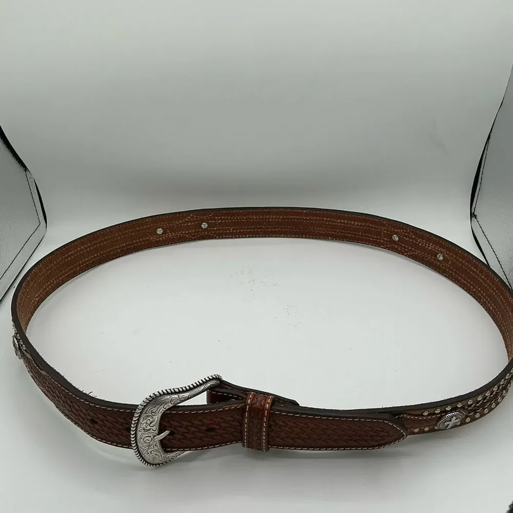 NOCONA Rawhide Leather & Cross Conchos Western Belt Silver Buckle Cowboy
